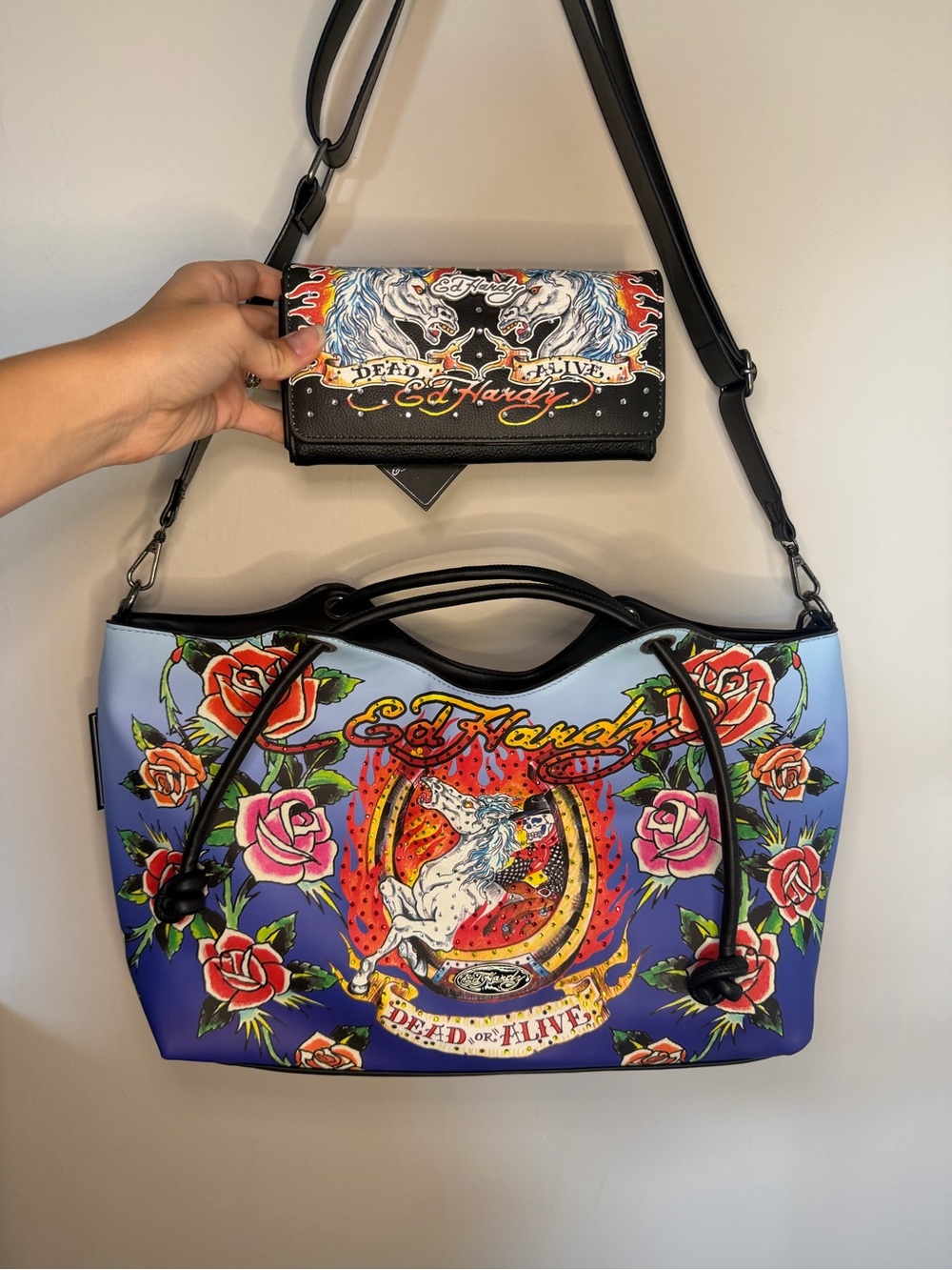 Ed Hardy Blue to Purple Gradient Tote with Pink Rose Artwork